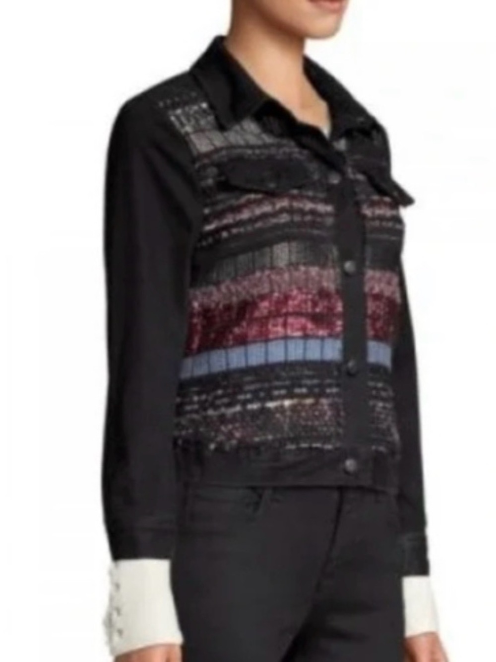 Ramy Brook Landon distressed tweed-paneled black denim trucker jacket XS $465